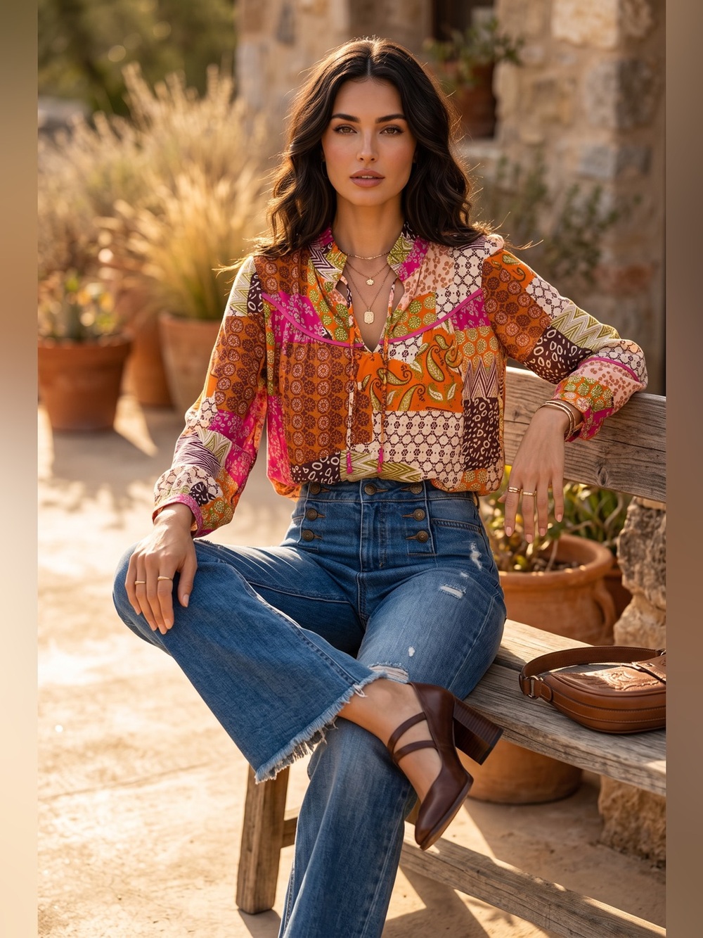 Fate Patchwork Tie-Neck Peasant Blouse - Orange & Pink